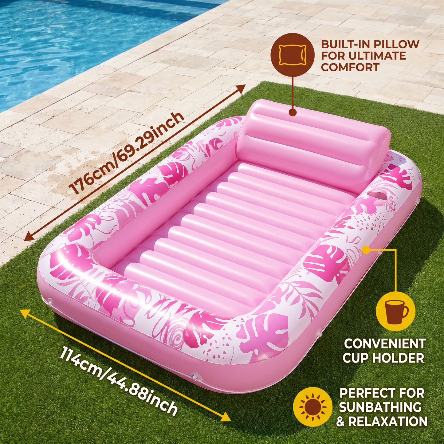 Inflatable Tanning Pool Lounge with Pillow & Cup Holder