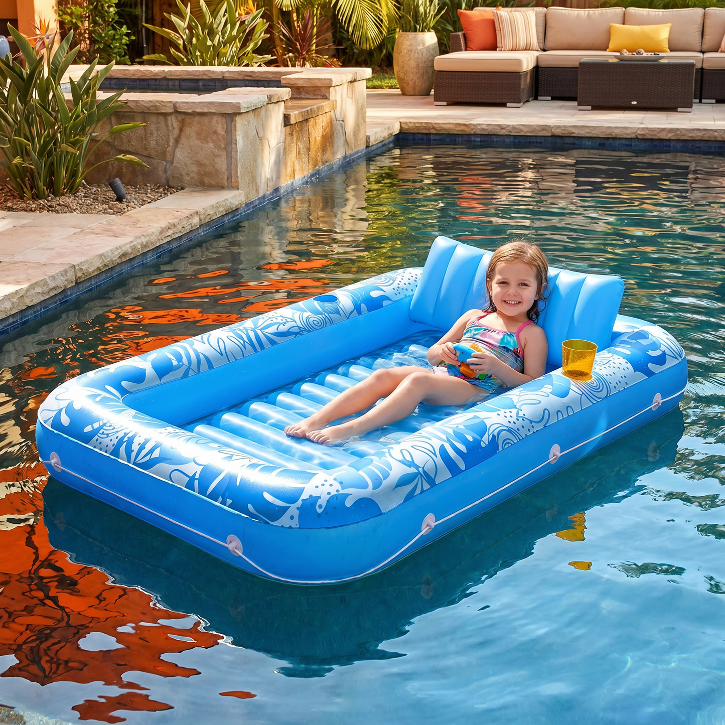 Inflatable Tanning Pool Lounge with Pillow & Cup Holder