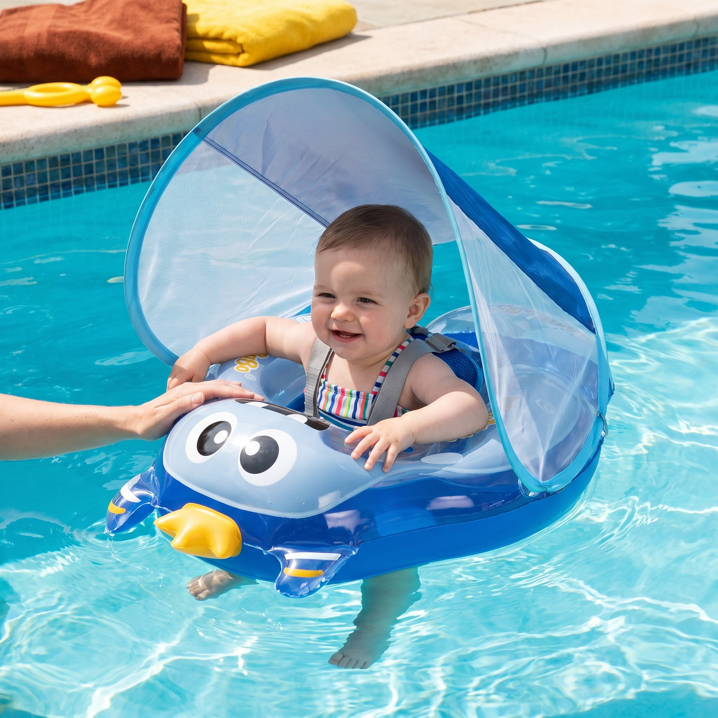 Inflatable Baby Swim Ring with Shoulder Straps & Sun Canopy – Safe Pool Seat for Babies