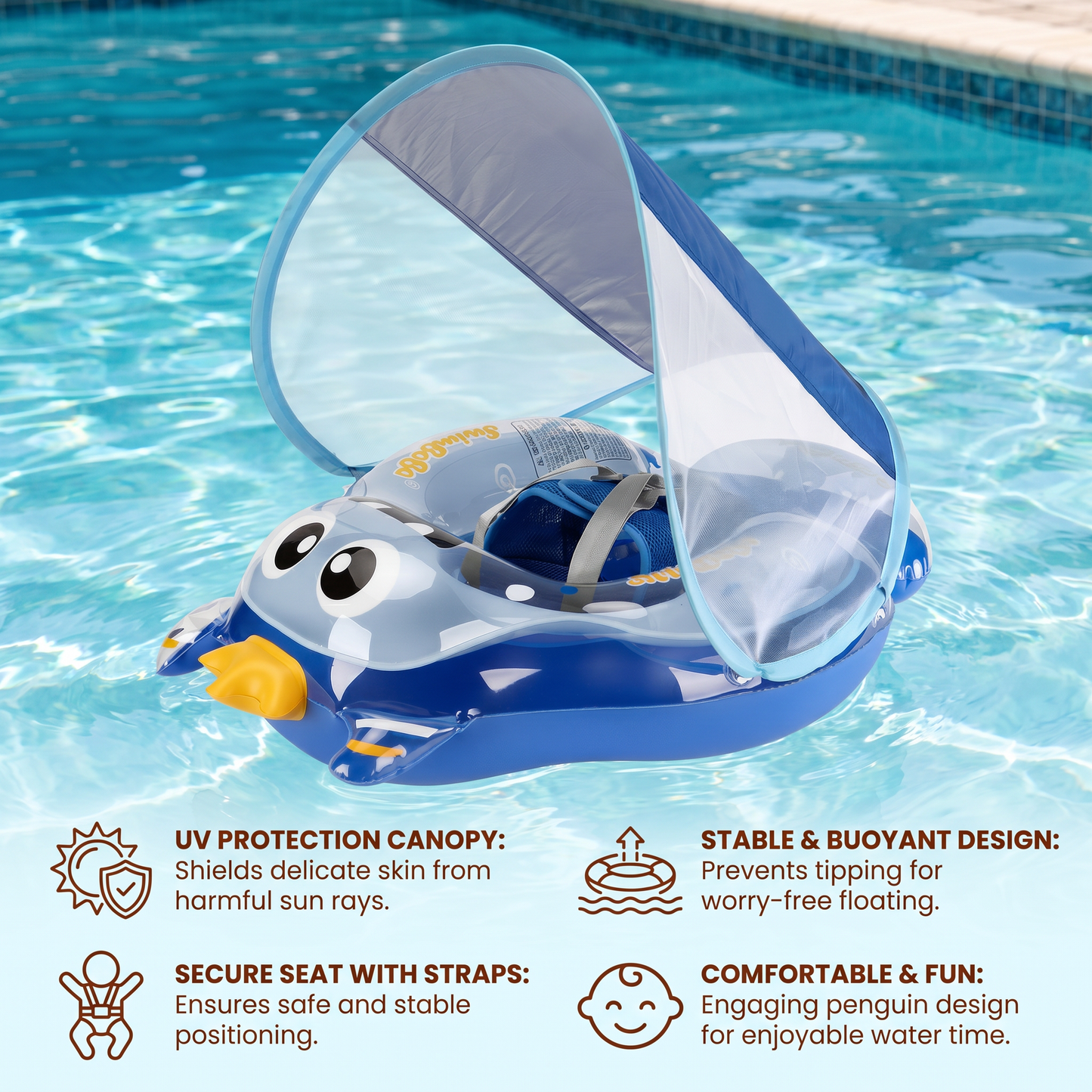 Inflatable Baby Swim Ring with Shoulder Straps & Sun Canopy – Safe Pool Seat for Babies
