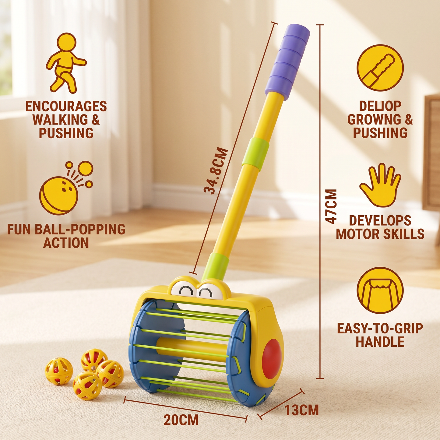 Baby Push Along Vacuum Roller Toy with Balls for Toddlers