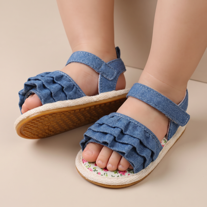 Denim Ruffle Sandals Floral