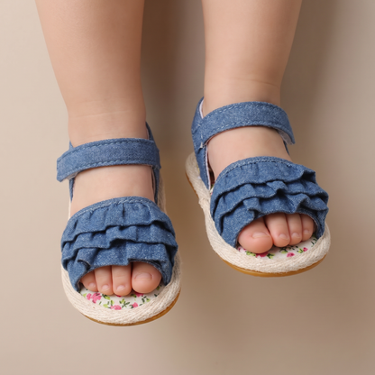 Denim Ruffle Sandals Floral