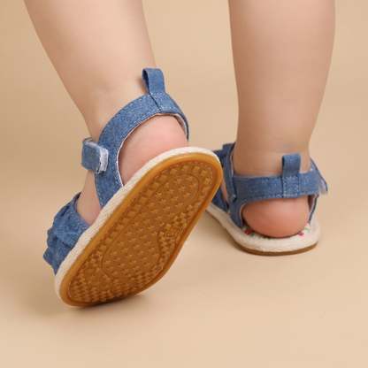 Denim Ruffle Sandals Floral
