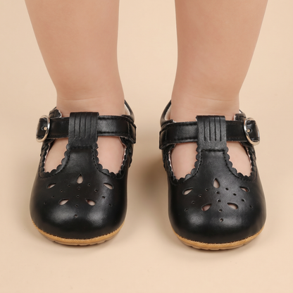 Perforated T-Strap Buckle Shoes