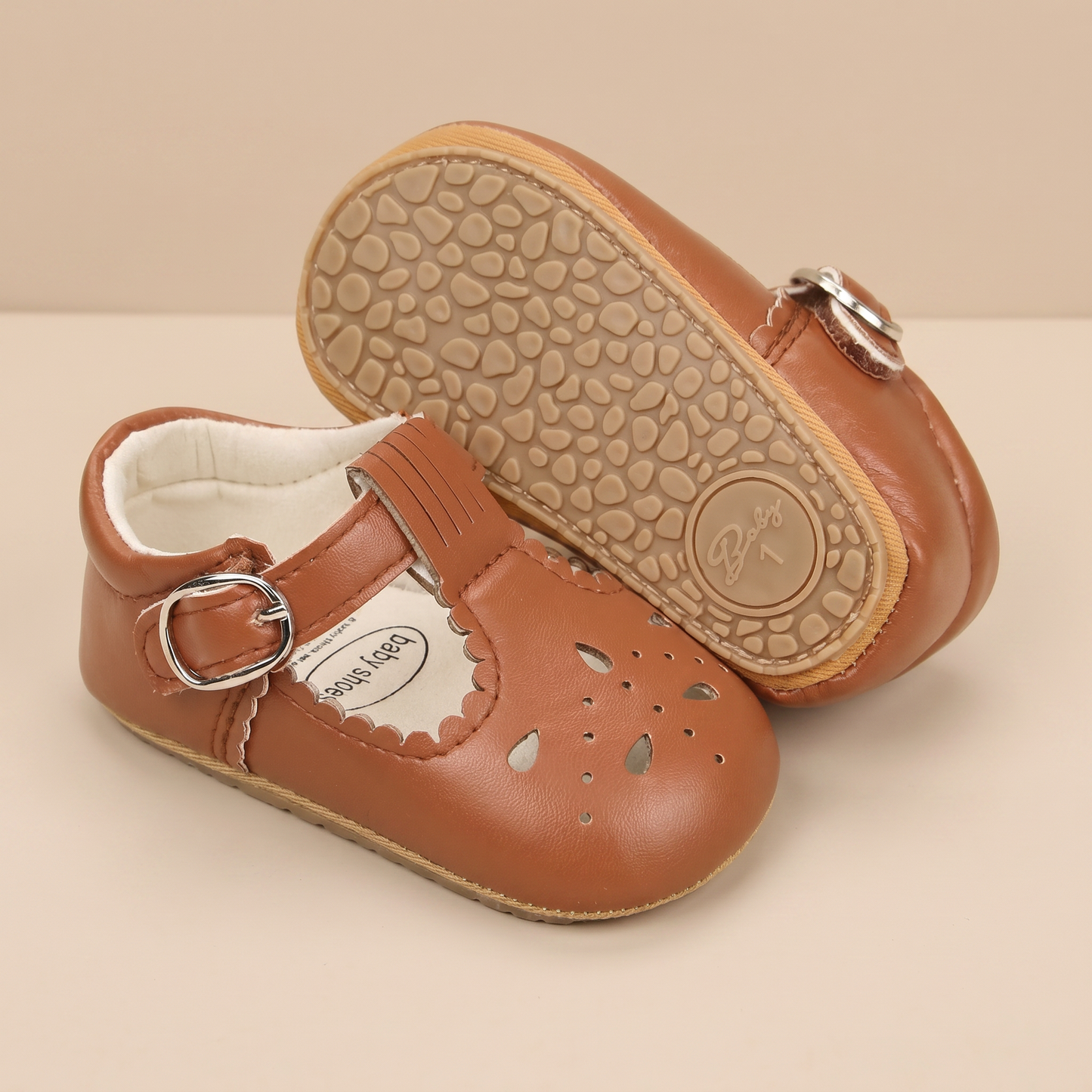 Perforated T-Strap Buckle Shoes