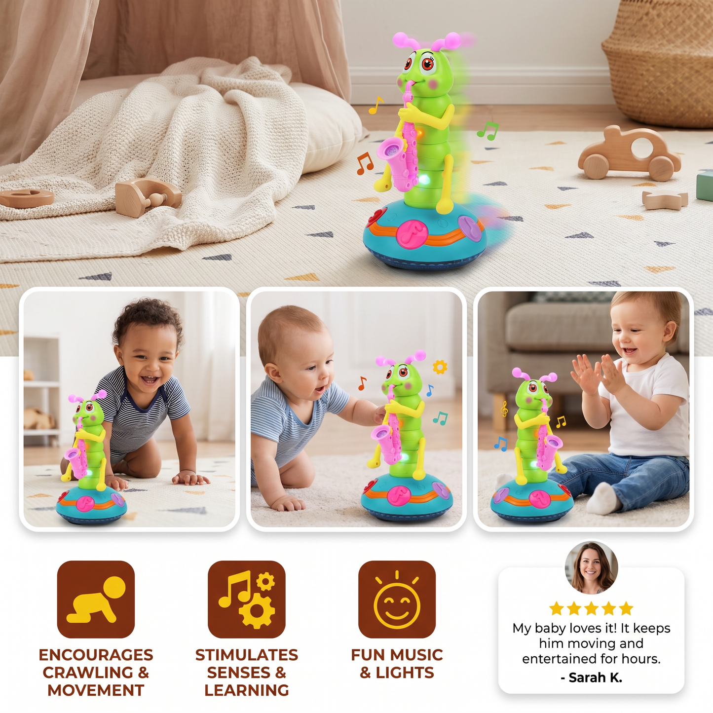 Musical Crawling Toy for Babies ⎜ Spinning Caterpillar with Lights and Sound for Early Learning and Fun Movement