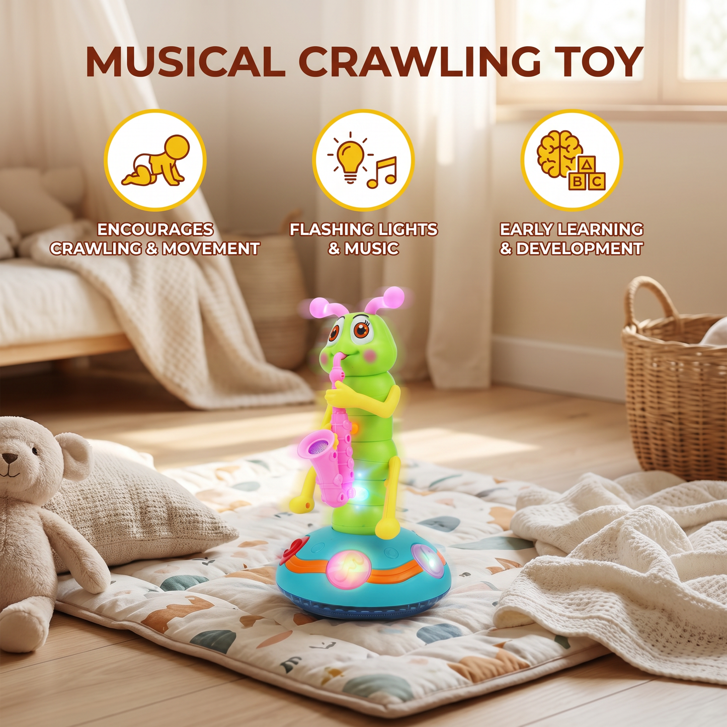 Musical Crawling Toy for Babies ⎜ Spinning Caterpillar with Lights and Sound for Early Learning and Fun Movement