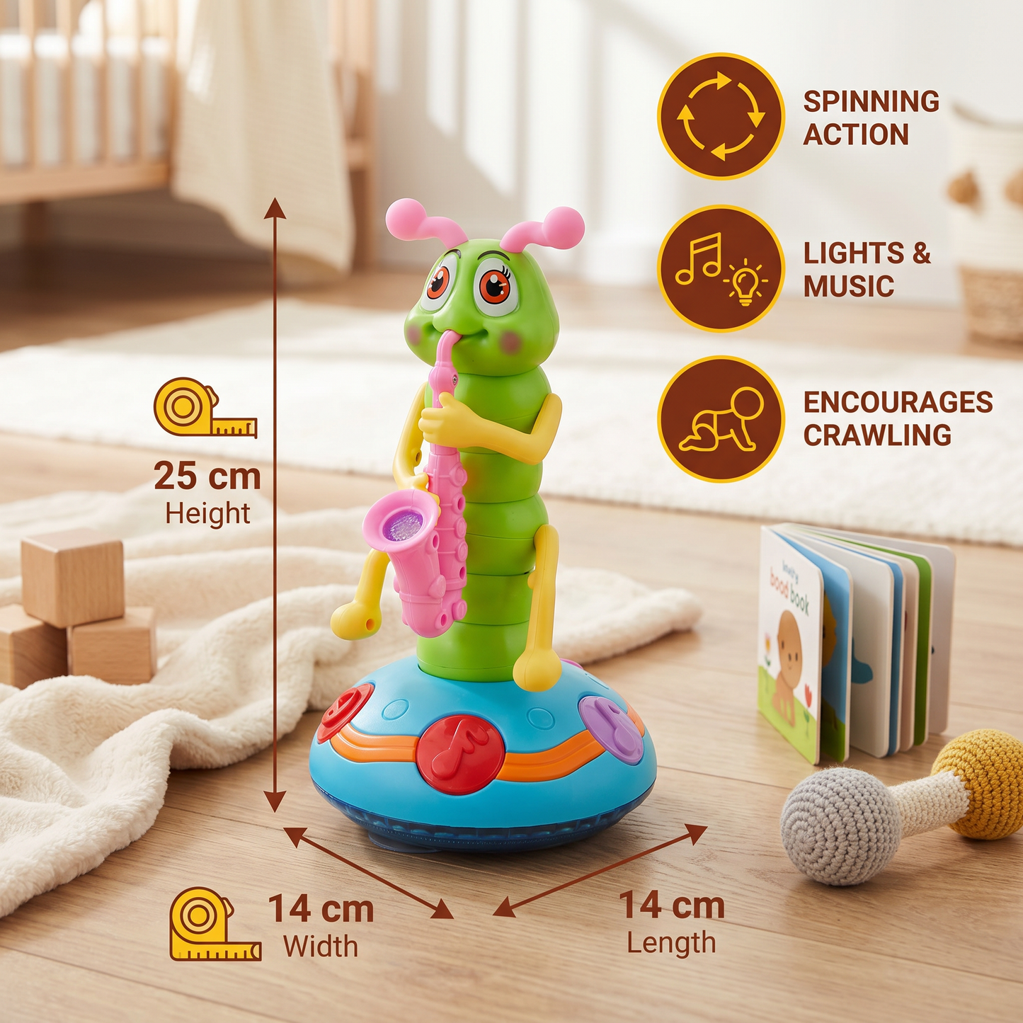 Musical Crawling Toy for Babies ⎜ Spinning Caterpillar with Lights and Sound for Early Learning and Fun Movement