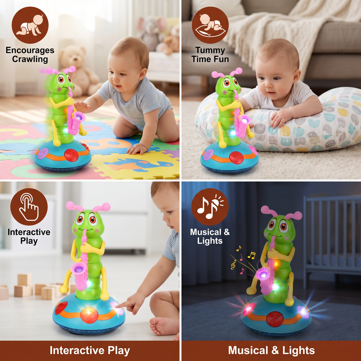 Musical Crawling Toy for Babies ⎜ Spinning Caterpillar with Lights and Sound for Early Learning and Fun Movement