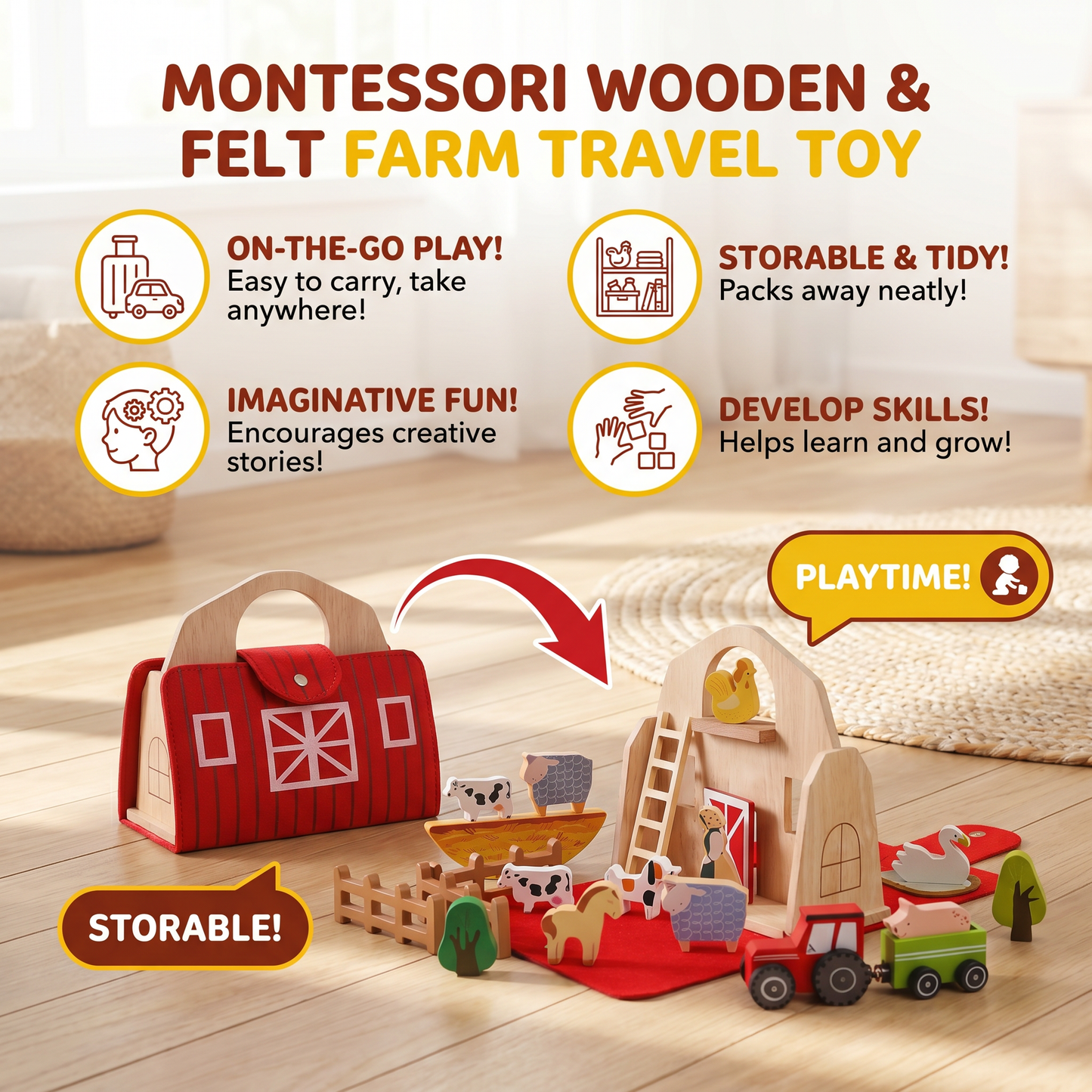 Montessori Wooden & Felt Farm Travel Toy – Perfect for On-the-Go Play