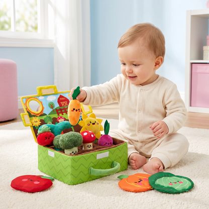 Montessori Garden Sensory Toy for Babies – Plush Fruit & Vegetable Set with Rattle, Mirror & Squeaker