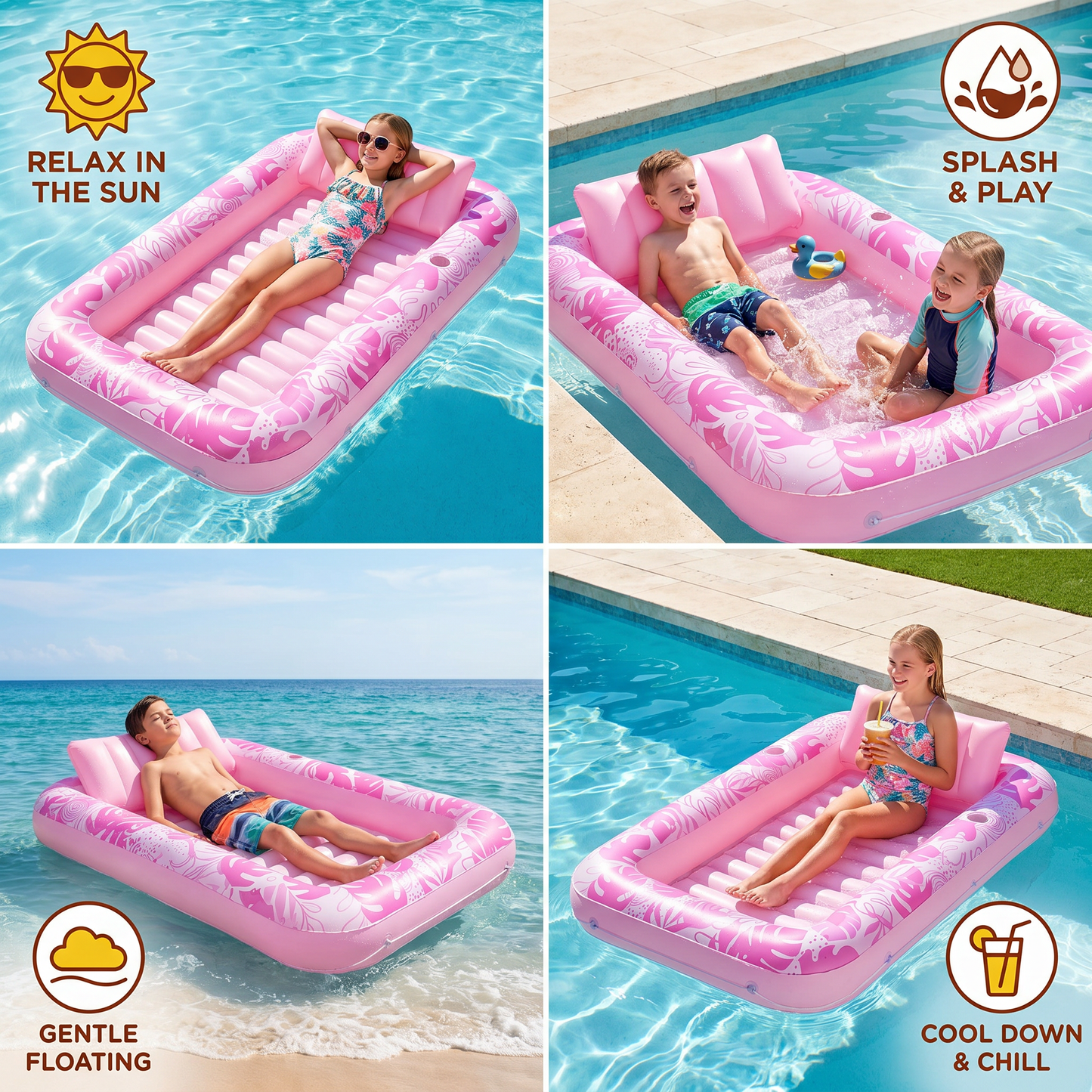 Inflatable Tanning Pool Lounge with Pillow & Cup Holder