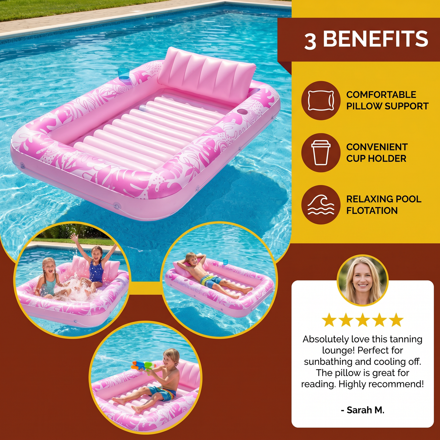 Inflatable Tanning Pool Lounge with Pillow & Cup Holder