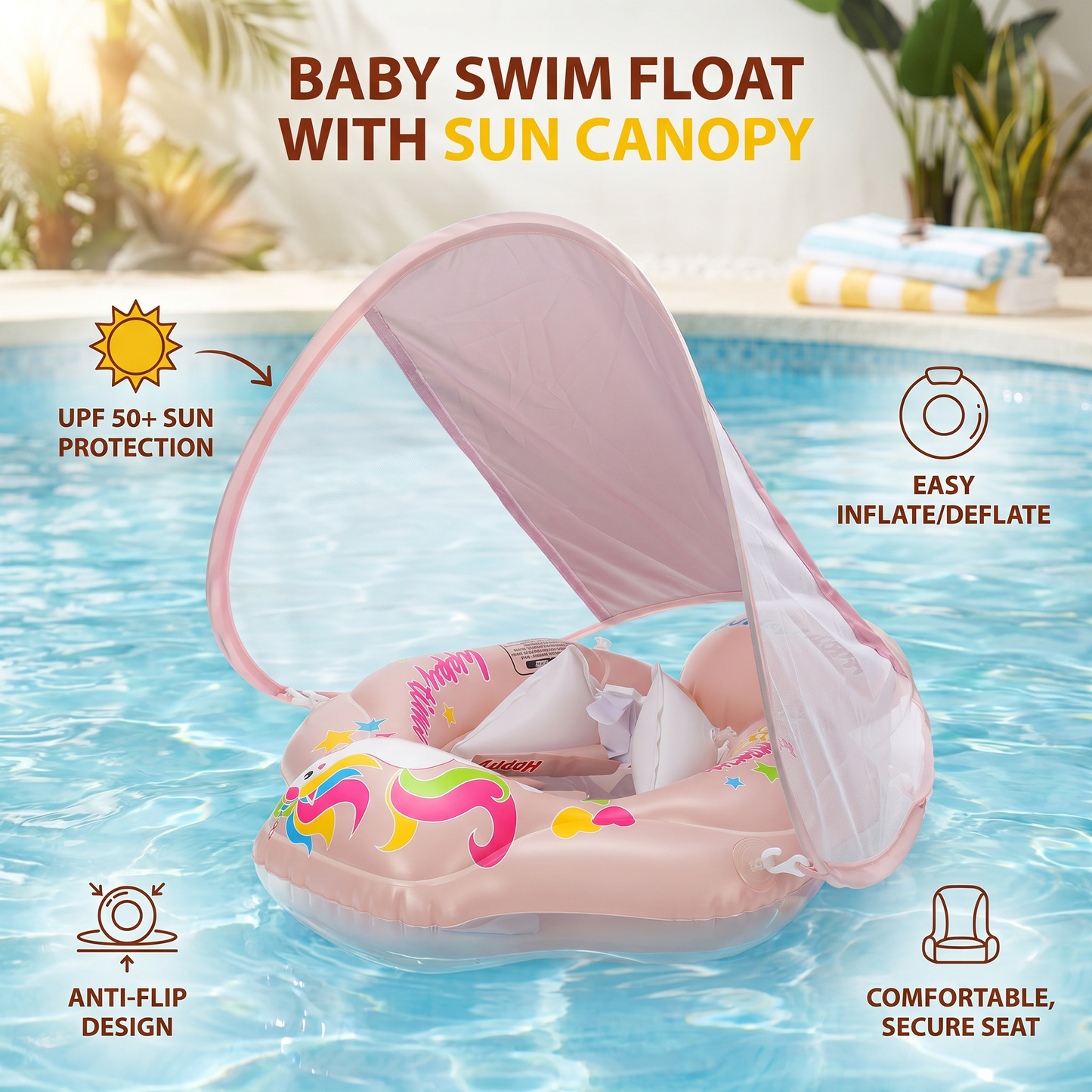 Baby Swim Float with Sun Canopy – Inflatable Infant Swimming Ring for Safe Water Fun
