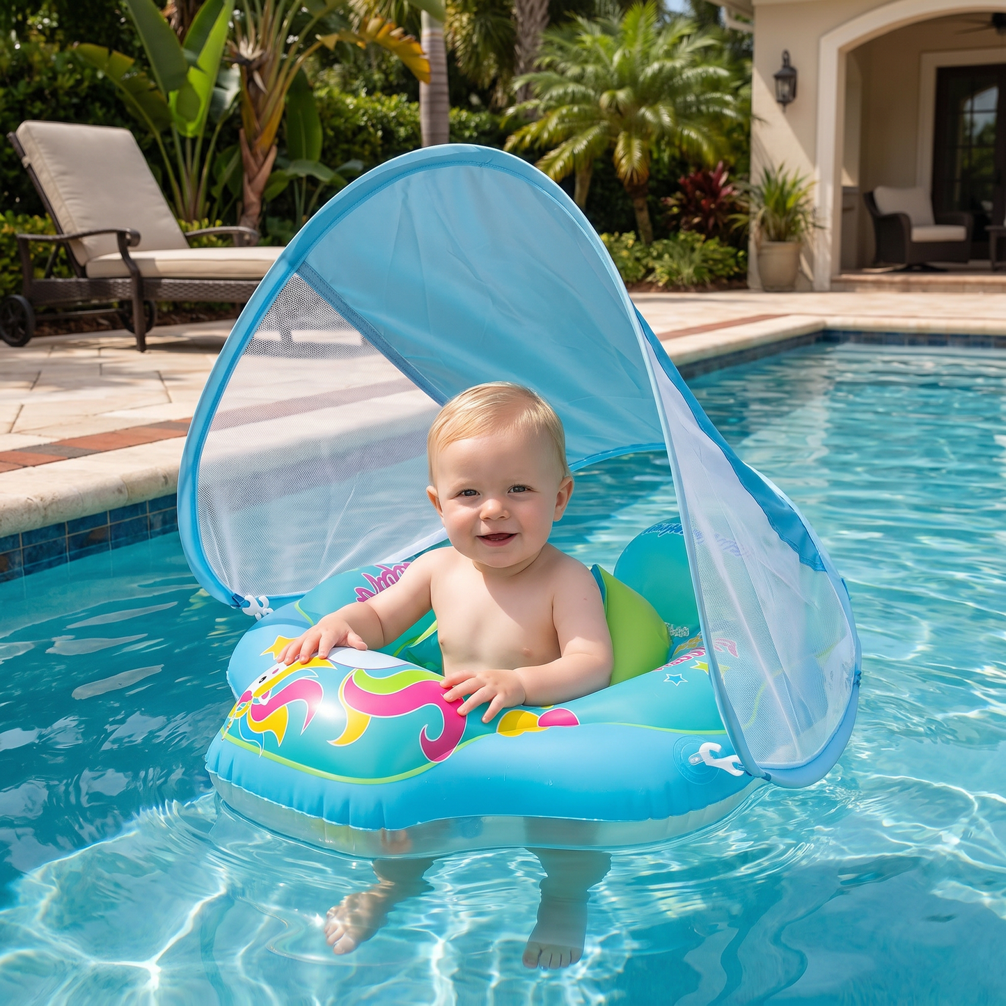 Baby Swim Float with Sun Canopy – Inflatable Infant Swimming Ring for Safe Water Fun