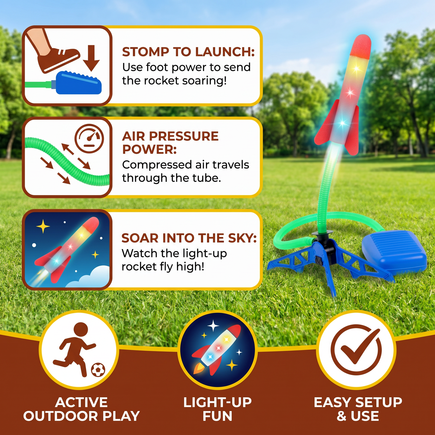 Kids Rocket Launcher with Foot Pump – Light Up Outdoor Air Pressure Toy