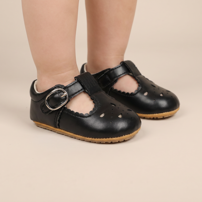 Perforated T-Strap Buckle Shoes
