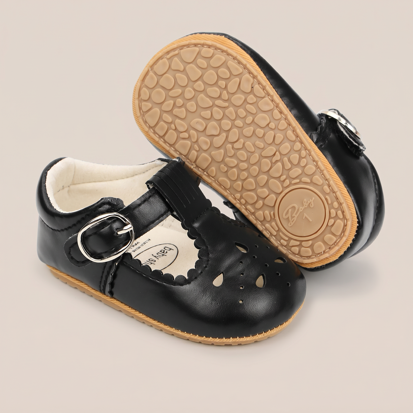 Perforated T-Strap Buckle Shoes