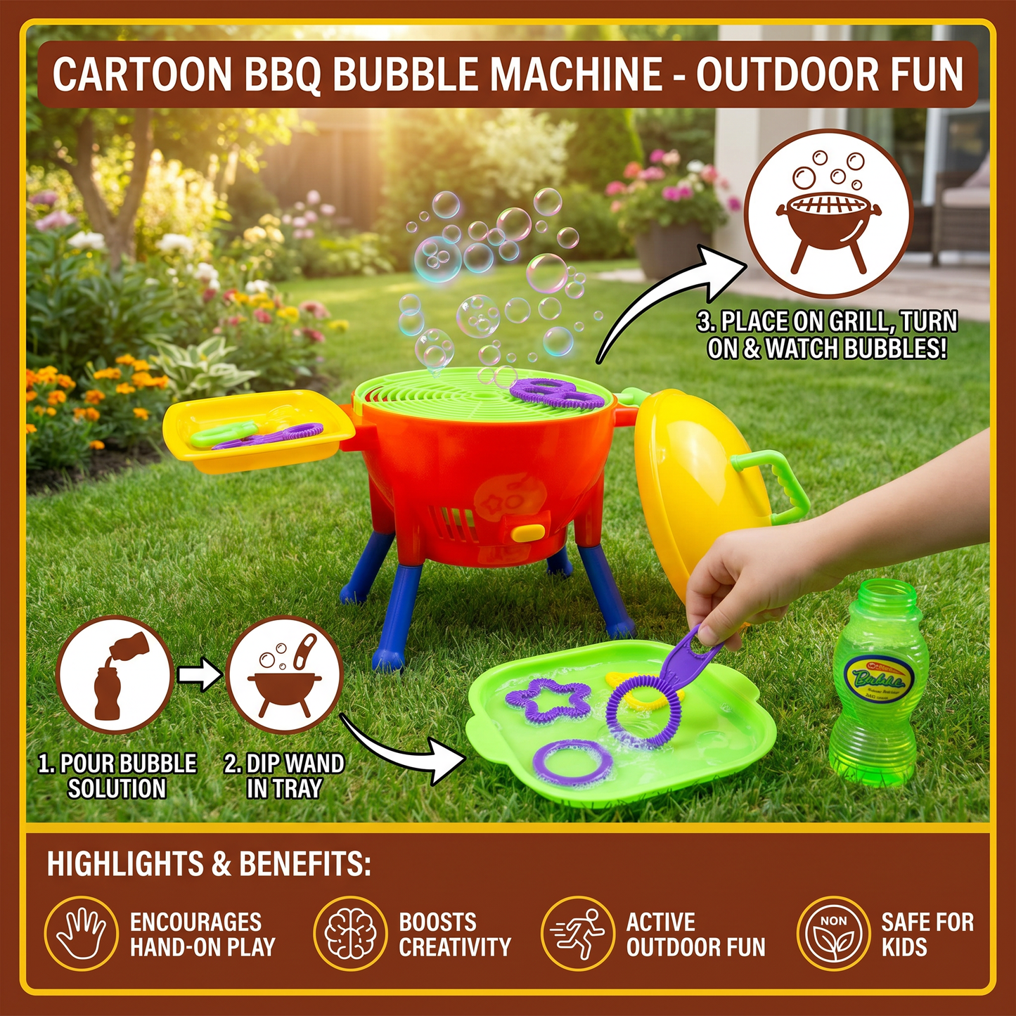 BBQ Bubble Machine Toy with Bubble Solution and Shapes
