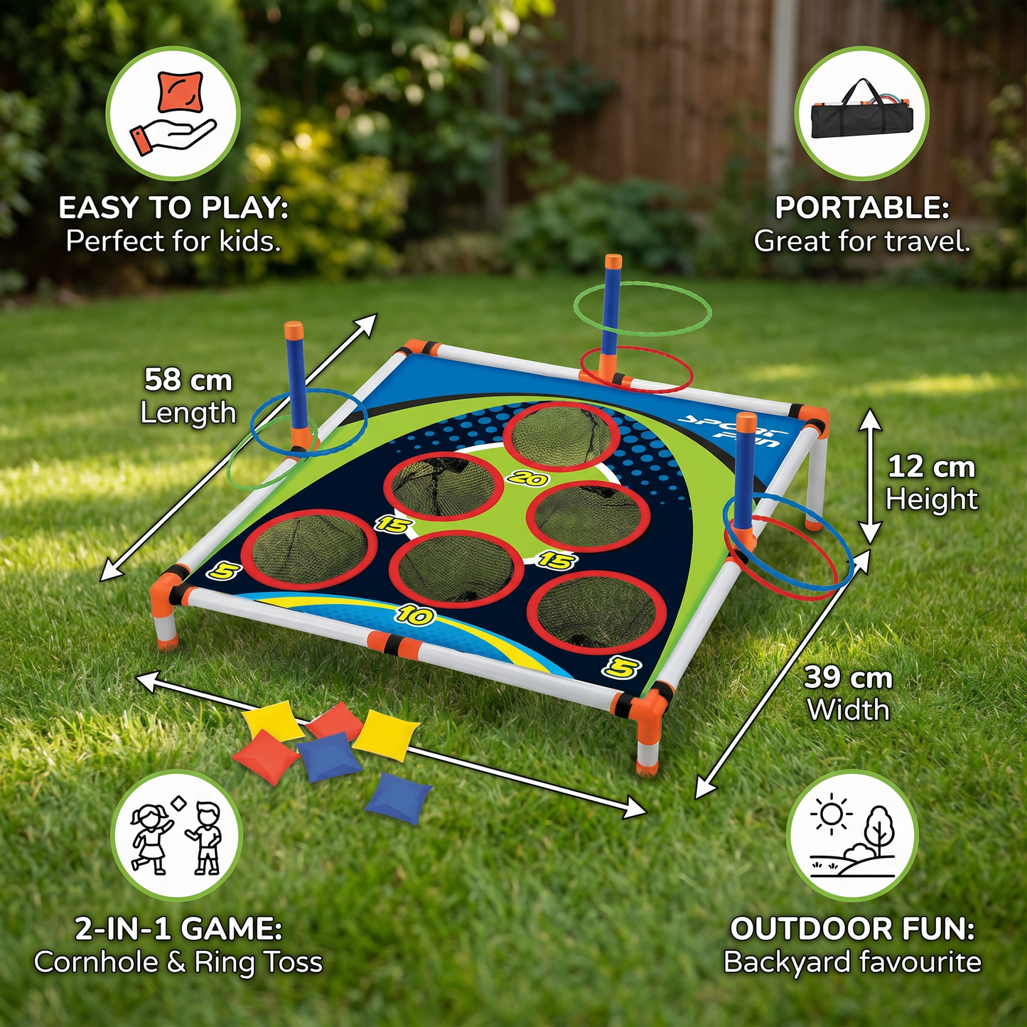 2-in-1 Cornhole & Ring Toss Game Set – Easy to Assemble, Perfect for the Backyard & Travel