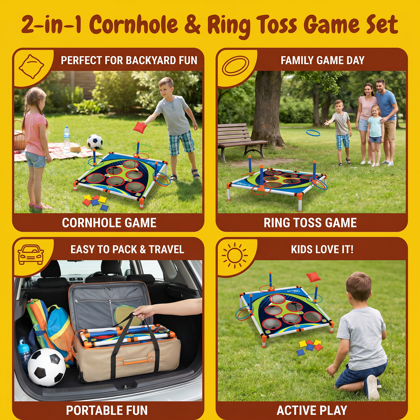 2-in-1 Cornhole & Ring Toss Game Set – Easy to Assemble, Perfect for the Backyard & Travel
