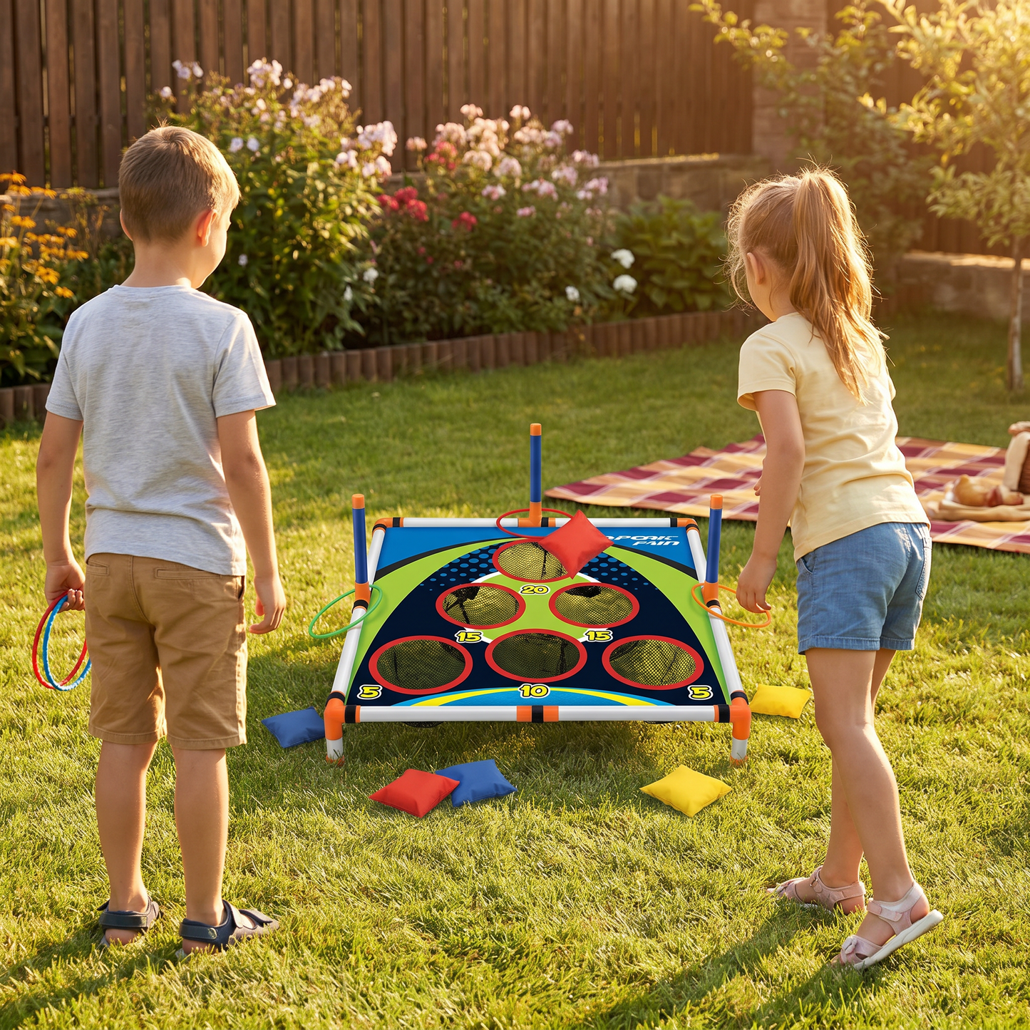 2-in-1 Cornhole & Ring Toss Game Set – Easy to Assemble, Perfect for the Backyard & Travel