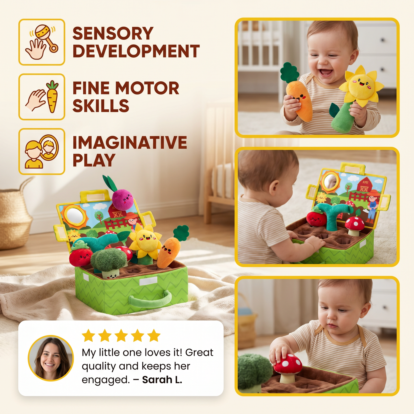 Montessori Garden Sensory Toy for Babies – Plush Fruit & Vegetable Set with Rattle, Mirror & Squeaker
