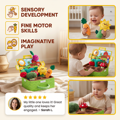 Montessori Garden Sensory Toy for Babies – Plush Fruit & Vegetable Set with Rattle, Mirror & Squeaker