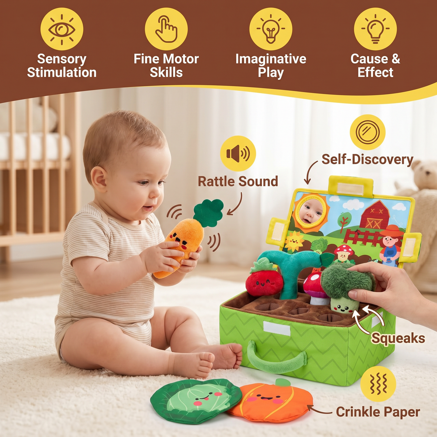 Montessori Garden Sensory Toy for Babies – Plush Fruit & Vegetable Set with Rattle, Mirror & Squeaker