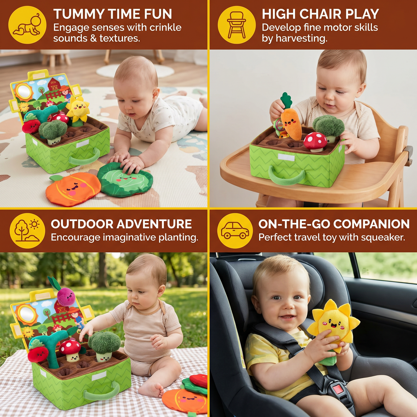 Montessori Garden Sensory Toy for Babies – Plush Fruit & Vegetable Set with Rattle, Mirror & Squeaker