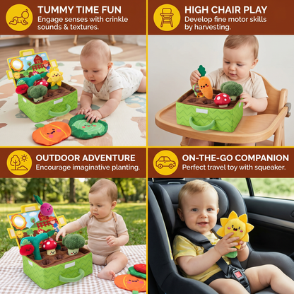 Montessori Garden Sensory Toy for Babies – Plush Fruit & Vegetable Set with Rattle, Mirror & Squeaker