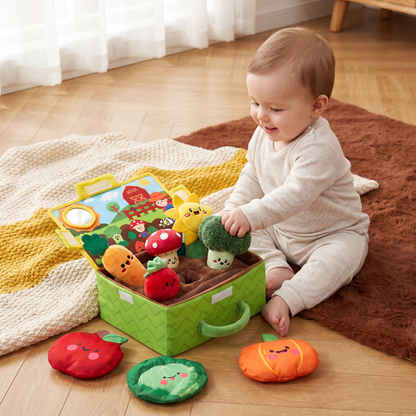 Montessori Garden Sensory Toy for Babies – Plush Fruit & Vegetable Set with Rattle, Mirror & Squeaker