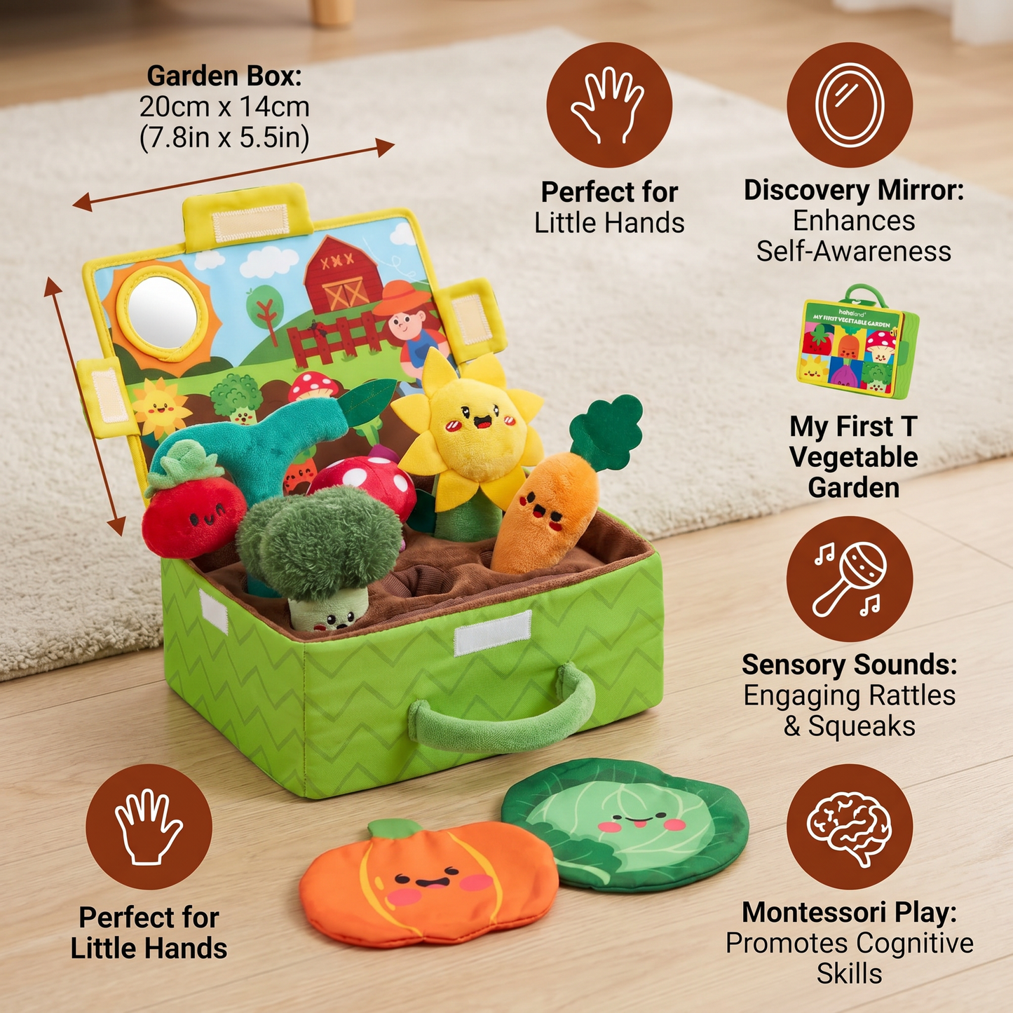 Montessori Garden Sensory Toy for Babies – Plush Fruit & Vegetable Set with Rattle, Mirror & Squeaker