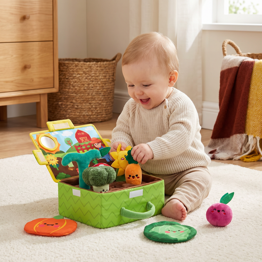 Montessori Garden Sensory Toy for Babies – Plush Fruit & Vegetable Set with Rattle, Mirror & Squeaker