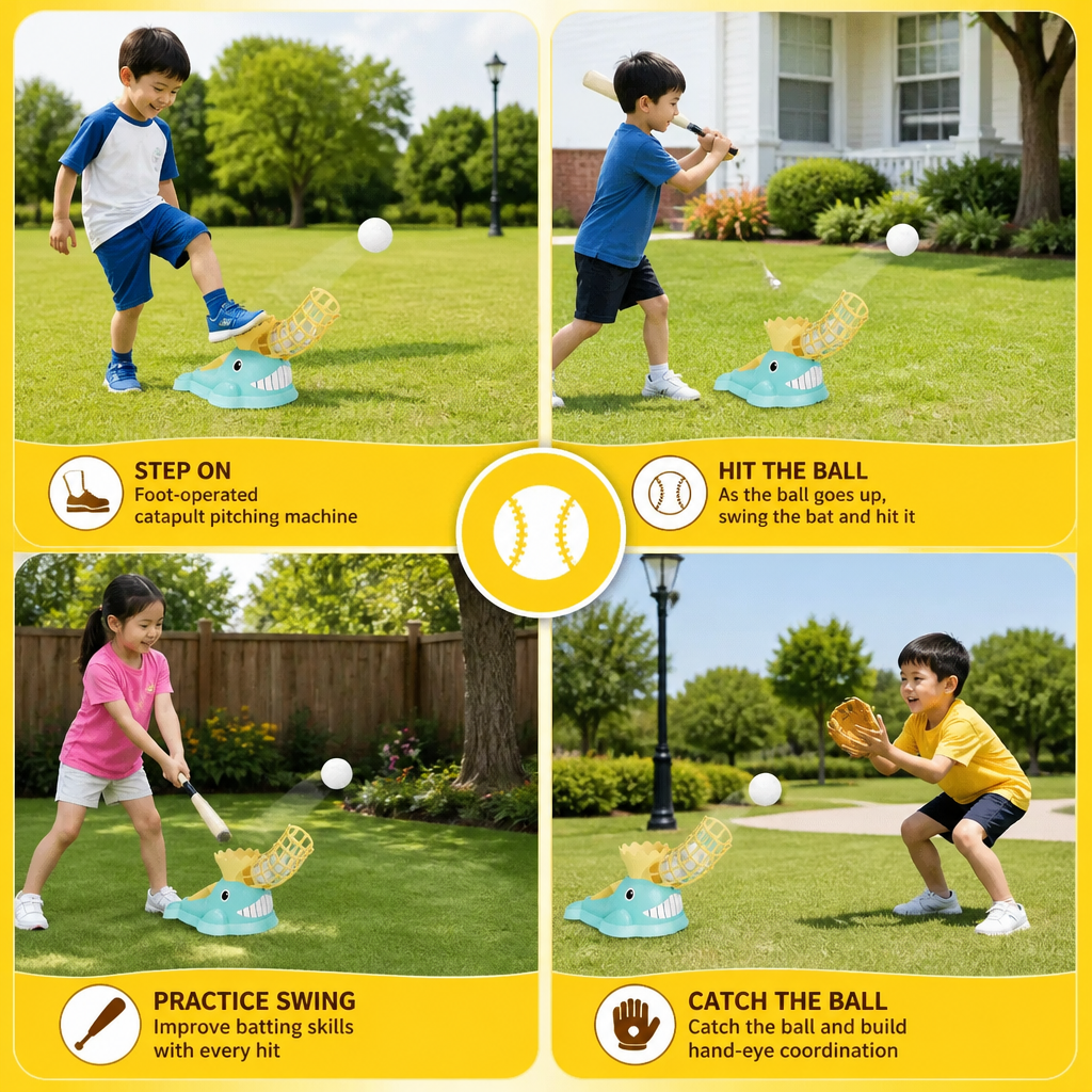 Step-On Baseball Pitching Machine with Bat & Balls for Kids