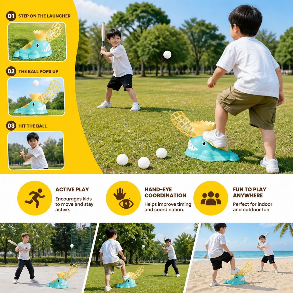 Step-On Baseball Pitching Machine with Bat & Balls for Kids