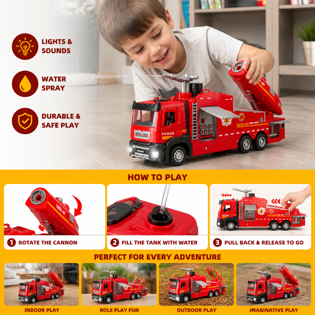 Pull-Back Fire Truck Toy with Water Spray, Lights & Sounds