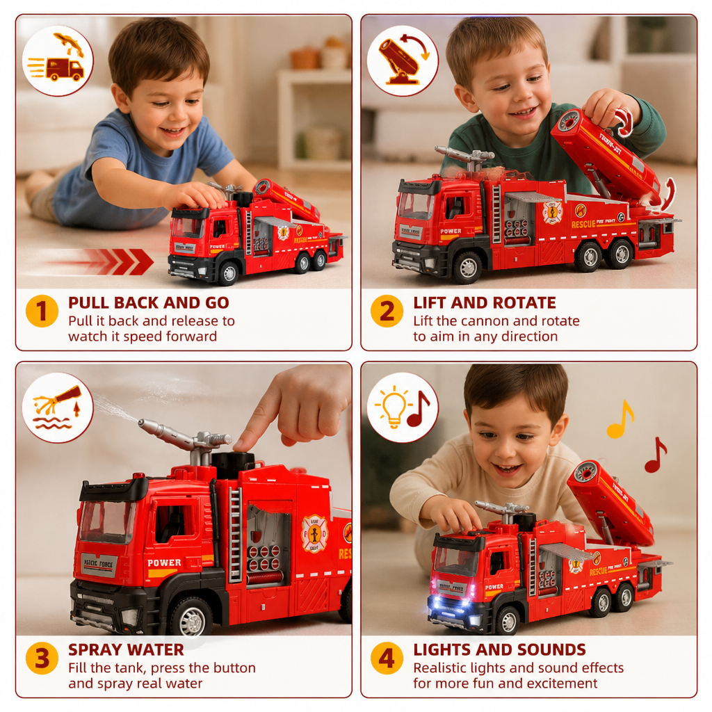 Pull-Back Fire Truck Toy with Water Spray, Lights & Sounds