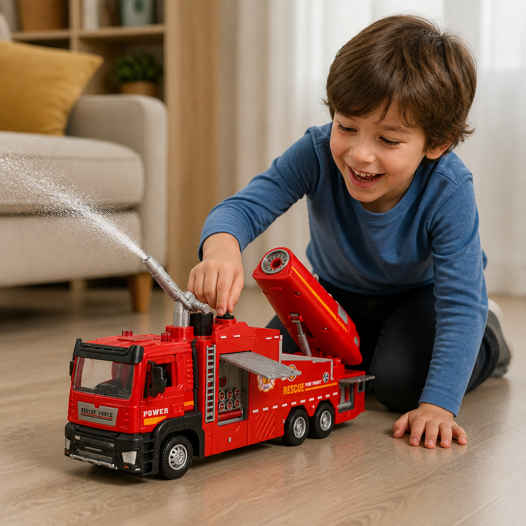Pull-Back Fire Truck Toy with Water Spray, Lights & Sounds