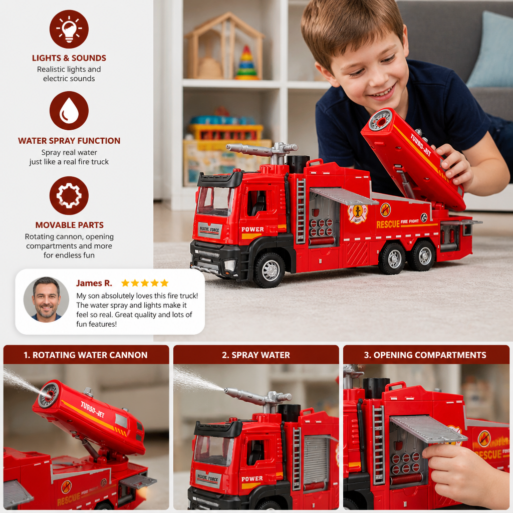 Pull-Back Fire Truck Toy with Water Spray, Lights & Sounds