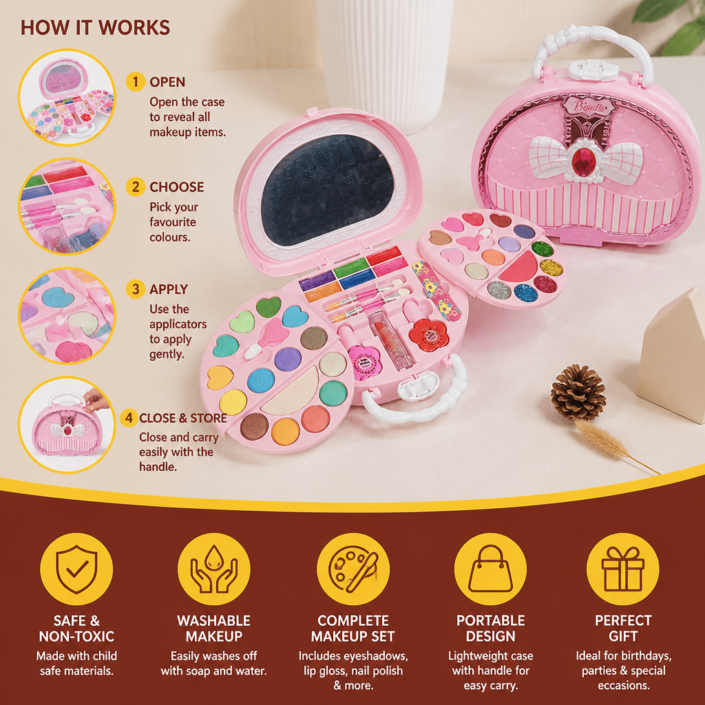 Kids’ Washable Princess Makeup Set with Nail Polish & Storage Box