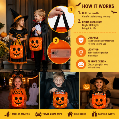 LED Halloween Trick-or-Treat Candy Bucket – Reusable Light-Up Tote Bag