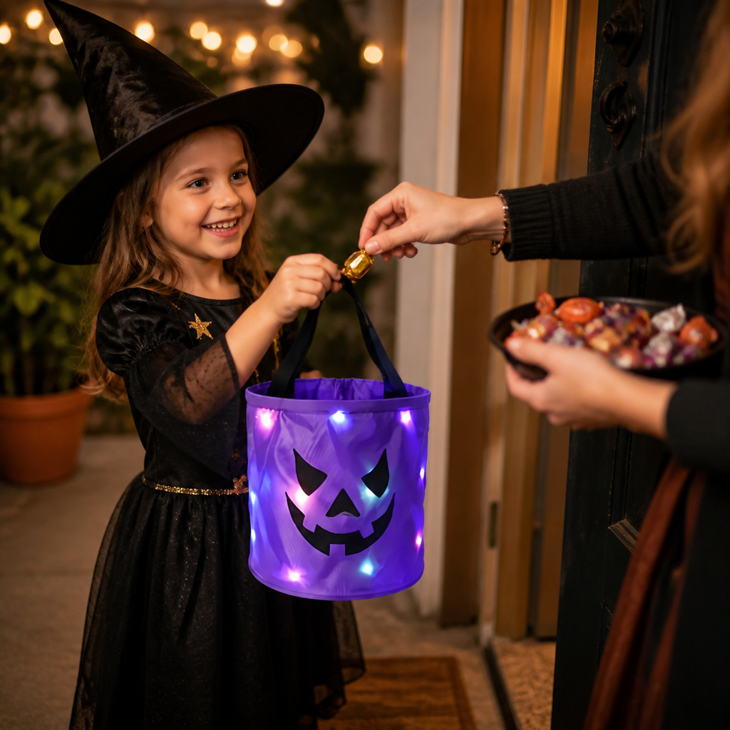 LED Halloween Trick-or-Treat Candy Bucket – Reusable Light-Up Tote Bag