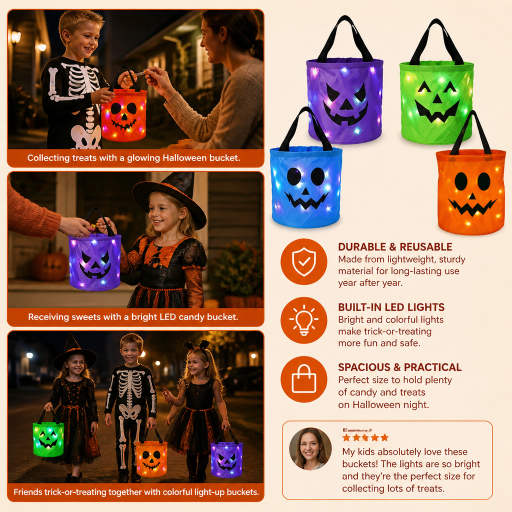 LED Halloween Trick-or-Treat Candy Bucket – Reusable Light-Up Tote Bag