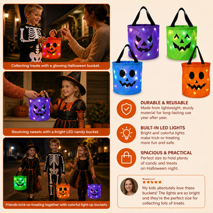 LED Halloween Trick-or-Treat Candy Bucket – Reusable Light-Up Tote Bag
