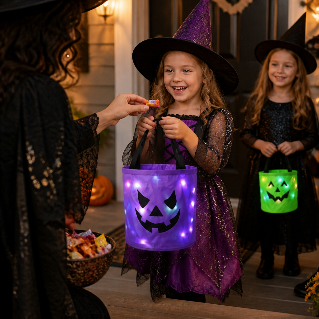 LED Halloween Trick-or-Treat Candy Bucket – Reusable Light-Up Tote Bag