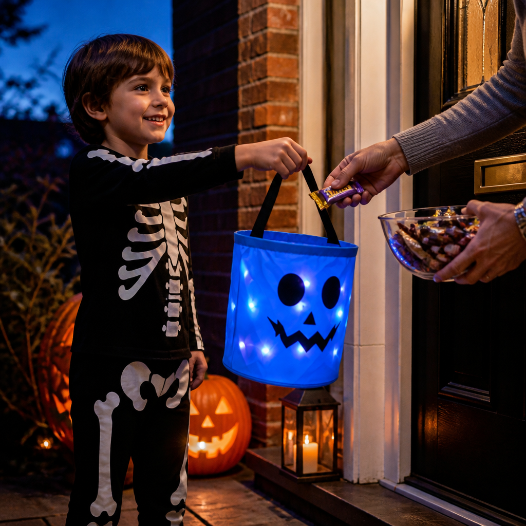 LED Halloween Trick-or-Treat Candy Bucket – Reusable Light-Up Tote Bag