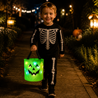 LED Halloween Trick-or-Treat Candy Bucket – Reusable Light-Up Tote Bag