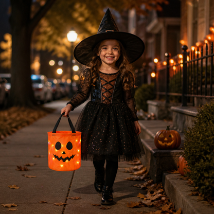 LED Halloween Trick-or-Treat Candy Bucket – Reusable Light-Up Tote Bag